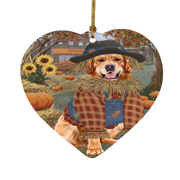 Fall Pumpkin Scarecrow Golden Retriever Dogs Heart Christmas Ornament HPOR57559