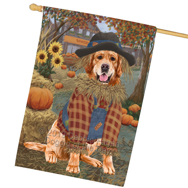 Halloween 'Round Town And Fall Pumpkin Scarecrow Both Golden Retriever Dogs House Flag FLG65715