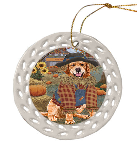 Fall Pumpkin Scarecrow Golden Retriever Dogs Ceramic Doily Ornament DPOR57559