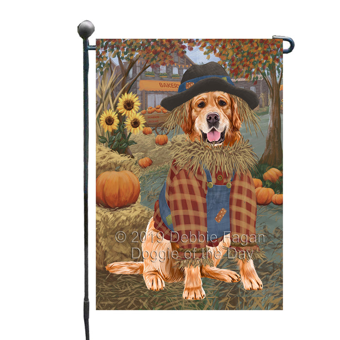 Halloween 'Round Town And Fall Pumpkin Scarecrow Both Golden Retriever Dogs Garden Flag GFLG65659