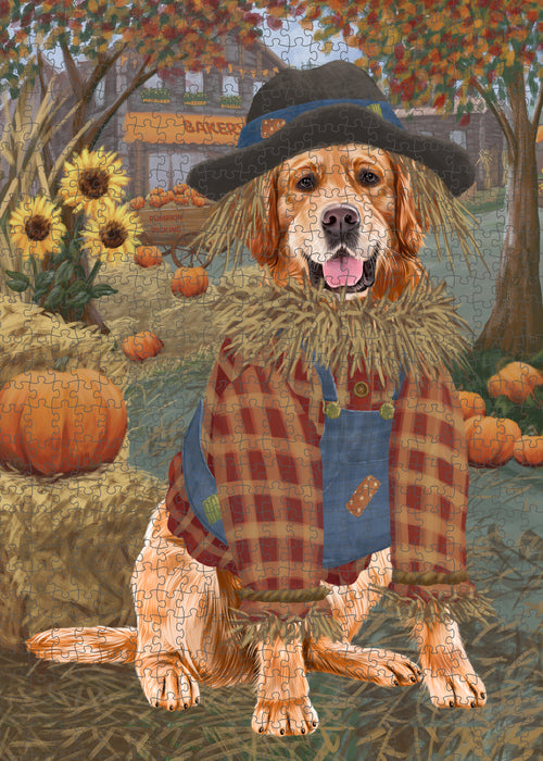 Halloween 'Round Town And Fall Pumpkin Scarecrow Both Golden Retriever Dogs Puzzle with Photo Tin PUZL96544