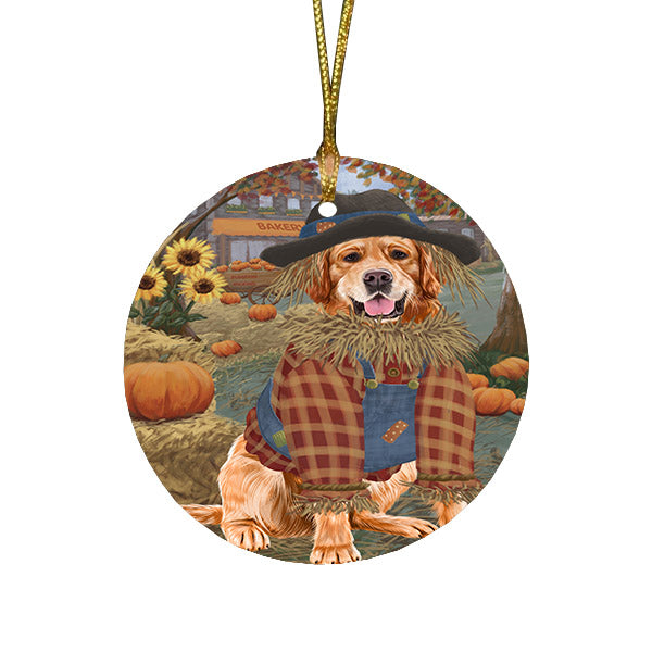 Halloween 'Round Town And Fall Pumpkin Scarecrow Both Golden Retriever Dogs Round Flat Christmas Ornament RFPOR57463