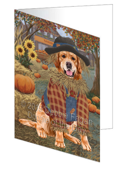 Fall Pumpkin Scarecrow Golden Retriever Dog Handmade Artwork Assorted Pets Greeting Cards and Note Cards with Envelopes for All Occasions and Holiday Seasons GCD78023