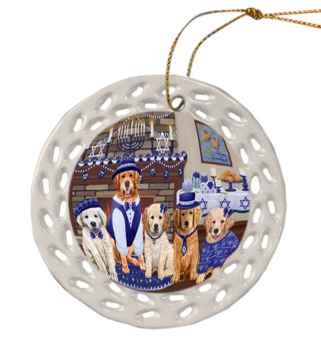 Happy Hanukkah Family Golden Retriever Dogs Doily Ornament DPOR57978