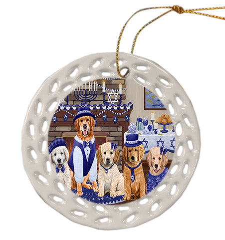 Happy Hanukkah Family Golden Retriever Dogs Ceramic Doily Ornament DPOR57620