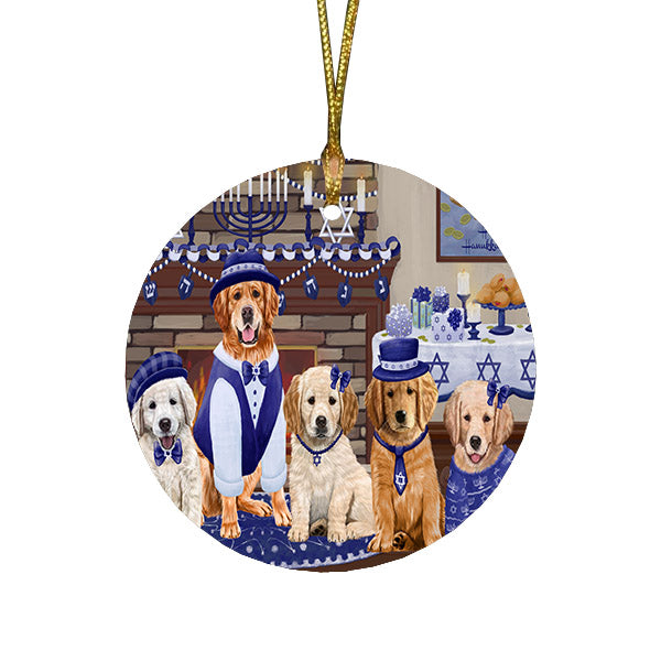 Happy Hanukkah Family and Happy Hanukkah Both Golden Retriever Dogs Round Flat Christmas Ornament RFPOR57524
