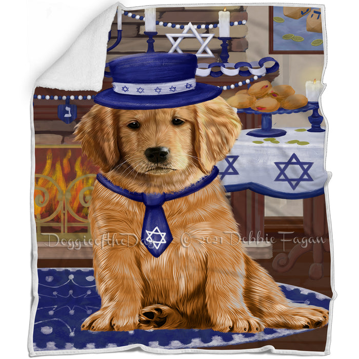 Happy Hanukkah Family and Happy Hanukkah Both Golden Retriever Dog Blanket BLNKT140042