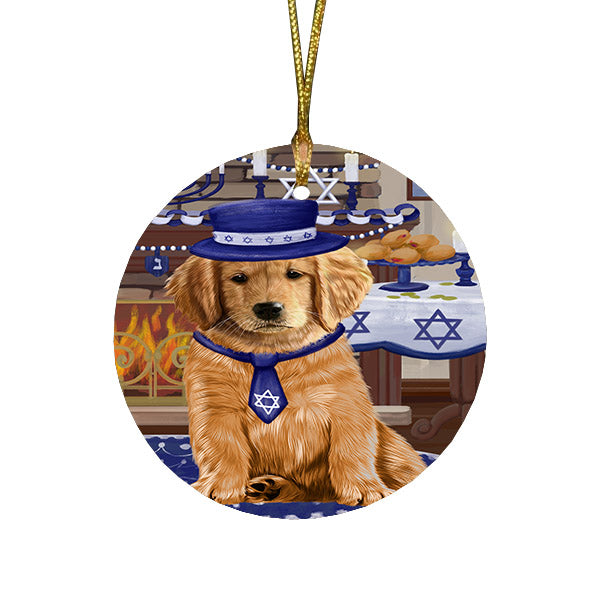 Happy Hanukkah Family and Happy Hanukkah Both Golden Retriever Dog Round Flat Christmas Ornament RFPOR57580