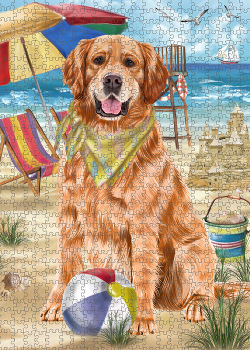 Pet Friendly Beach Golden Retriever Dog Portrait Jigsaw Puzzle for Adults Animal Interlocking Puzzle Game Unique Gift for Dog Lover's with Metal Tin Box PZL449