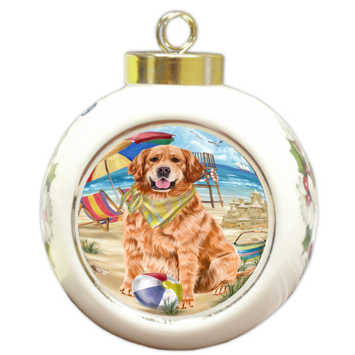 Pet Friendly Beach Golden Retriever Dog Round Ball Christmas Ornament Pet Decorative Hanging Ornaments for Christmas X-mas Tree Decorations - 3" Round Ceramic Ornament, RBPOR59402