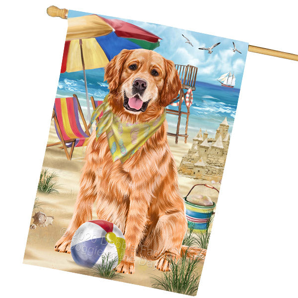 Pet Friendly Beach Golden Retriever Dog House Flag Outdoor Decorative Double Sided Pet Portrait Weather Resistant Premium Quality Animal Printed Home Decorative Flags 100% Polyester FLG68918
