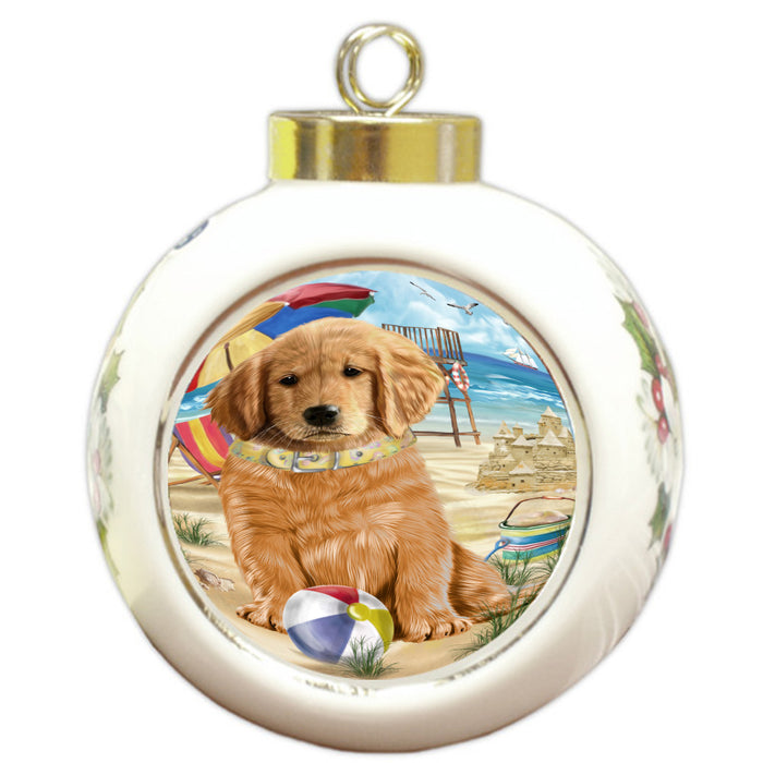 Pet Friendly Beach Golden Retriever Dog Round Ball Christmas Ornament Pet Decorative Hanging Ornaments for Christmas X-mas Tree Decorations - 3" Round Ceramic Ornament, RBPOR59403