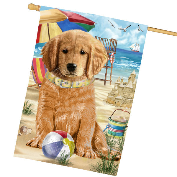 Pet Friendly Beach Golden Retriever Dog House Flag Outdoor Decorative Double Sided Pet Portrait Weather Resistant Premium Quality Animal Printed Home Decorative Flags 100% Polyester FLG68919