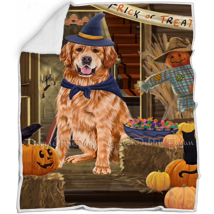 Enter at Own Risk Trick or Treat Halloween Golden Retriever Dog Blanket BLNKT95502