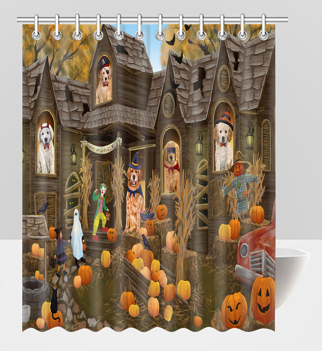 Haunted House Halloween Trick or Treat Golden Retriever Dogs Shower Curtain
