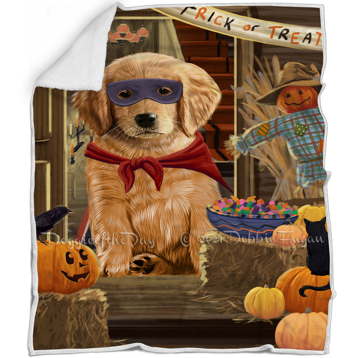 Enter at Own Risk Trick or Treat Halloween Golden Retriever Dog Blanket BLNKT95511