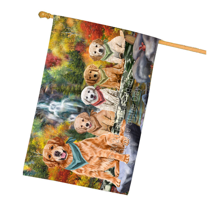 Scenic Waterfall Golden Retriever Dogs House Flag Outdoor Decorative Double Sided Pet Portrait Weather Resistant Premium Quality Animal Printed Home Decorative Flags 100% Polyester