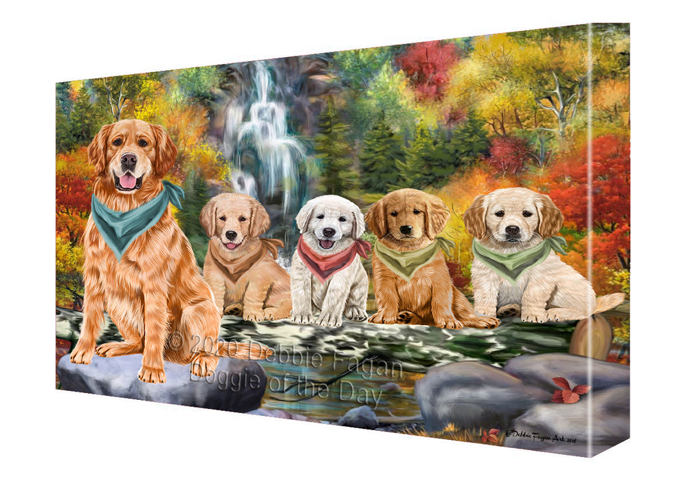 Scenic Waterfall Golden Retriever Dogs Canvas Wall Art - Premium Quality Ready to Hang Room Decor Wall Art Canvas - Unique Animal Printed Digital Painting for Decoration