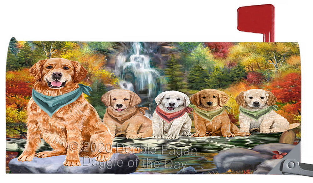 Scenic Waterfall Golden Retriever Dogs Magnetic Mailbox Cover Both Sides Pet Theme Printed Decorative Letter Box Wrap Case Postbox Thick Magnetic Vinyl Material