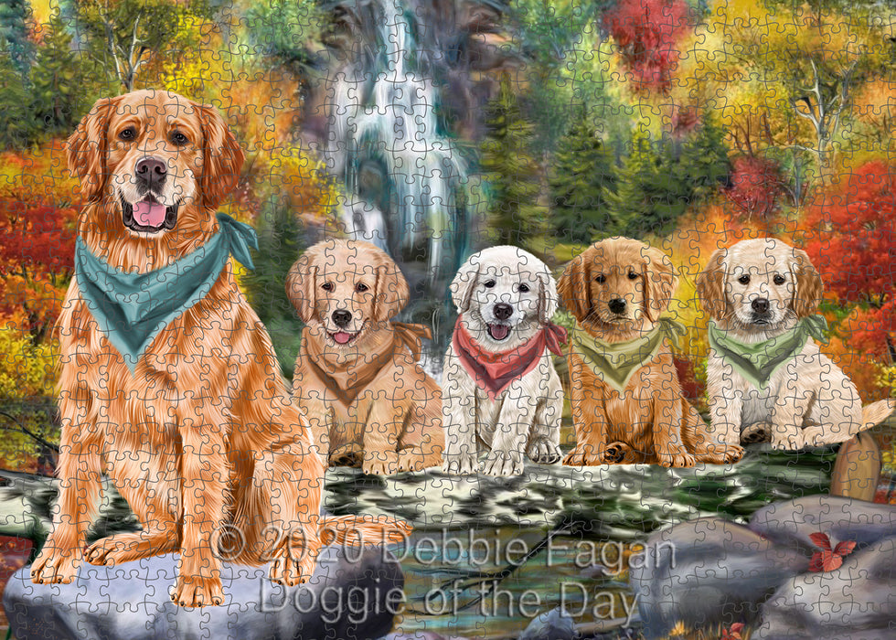 Scenic Waterfall Golden Retriever Dogs Portrait Jigsaw Puzzle for Adults Animal Interlocking Puzzle Game Unique Gift for Dog Lover's with Metal Tin Box
