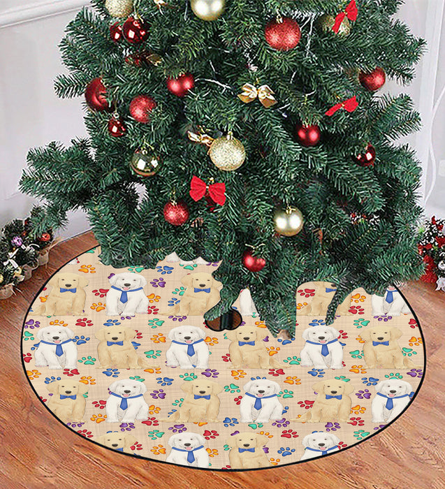 Rainbow Paw Print Golden Retriever Dogs Blue Christmas Tree Skirt