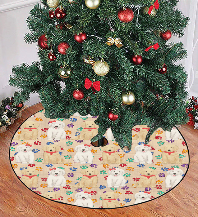Rainbow Paw Print Golden Retriever Dogs Red Christmas Tree Skirt