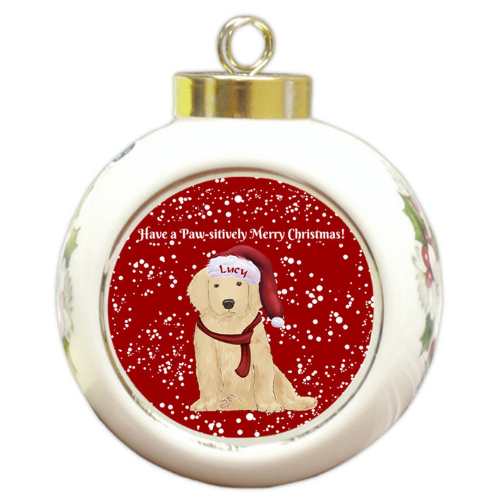 Custom Personalized Pawsitively Golden Retriever Dog Merry Christmas Round Ball Ornament