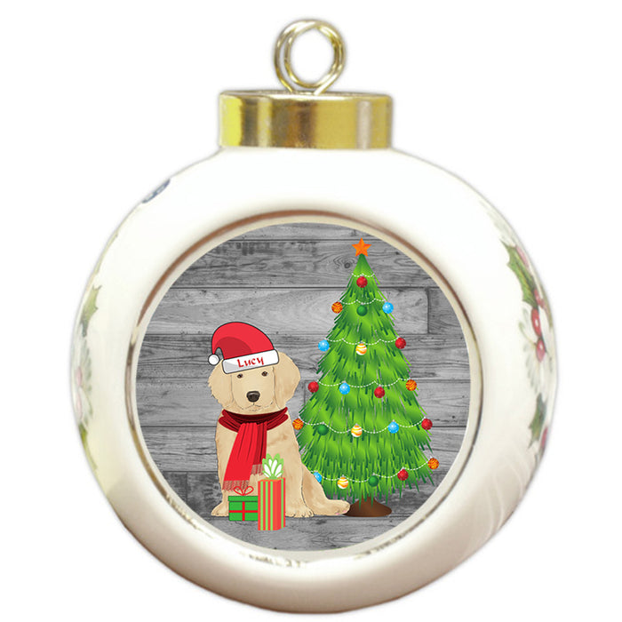 Custom Personalized Golden Retriever Dog With Tree and Presents Christmas Round Ball Ornament