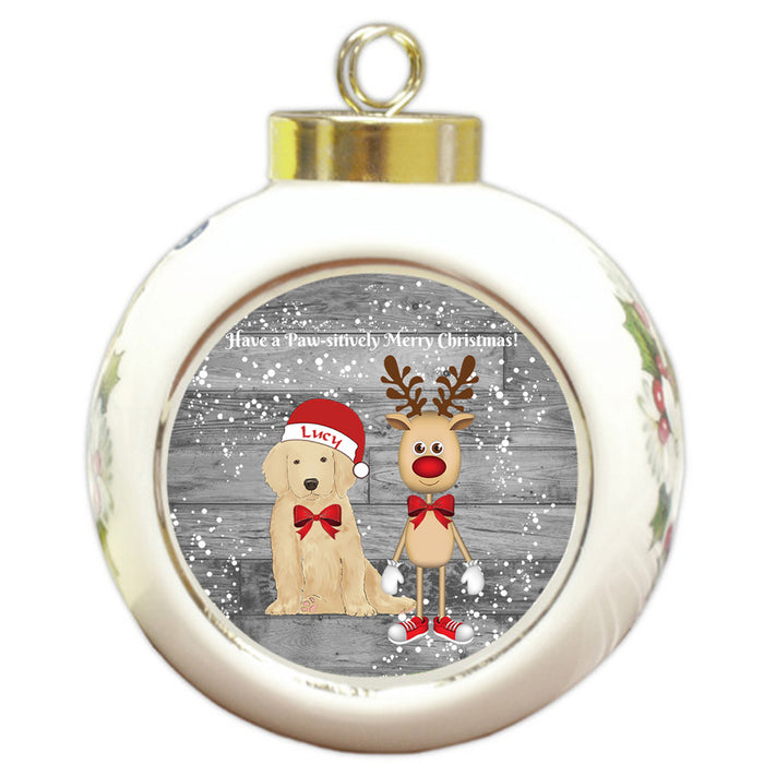 Custom Personalized Golden Retriever Dog Reindeer and Pooch Christmas Round Ball Ornament