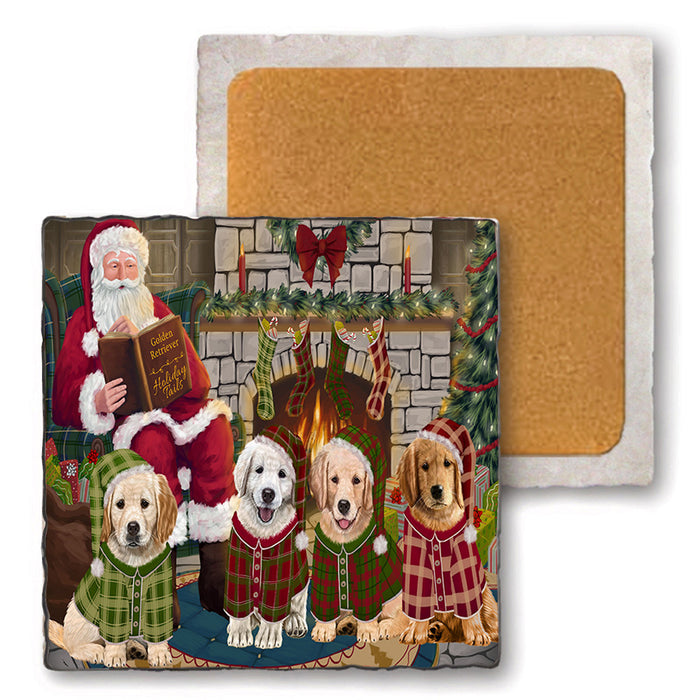 Christmas Cozy Holiday Tails Golden Retrievers Dog Set of 4 Natural Stone Marble Tile Coasters MCST50126