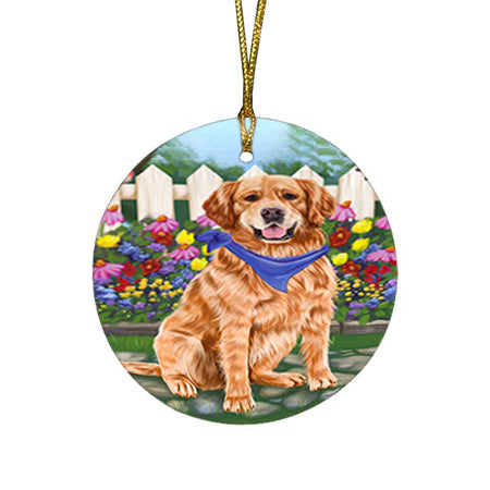 Spring Floral Golden Retriever Dog Round Flat Christmas Ornament RFPOR49872