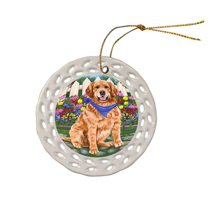 Spring Floral Golden Retriever Dog Ceramic Doily Ornament DPOR49881