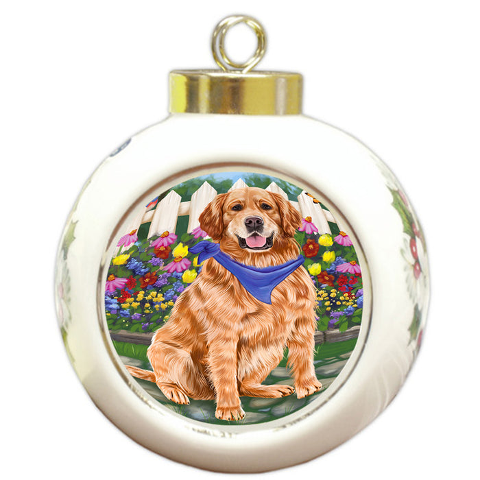 Spring Floral Golden Retriever Dog Round Ball Christmas Ornament RBPOR49881