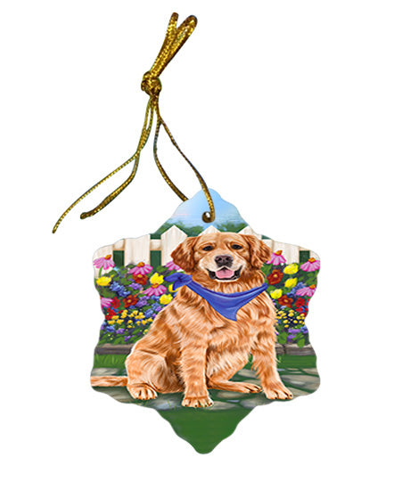 Spring Floral Golden Retriever Dog Star Porcelain Ornament SPOR49873