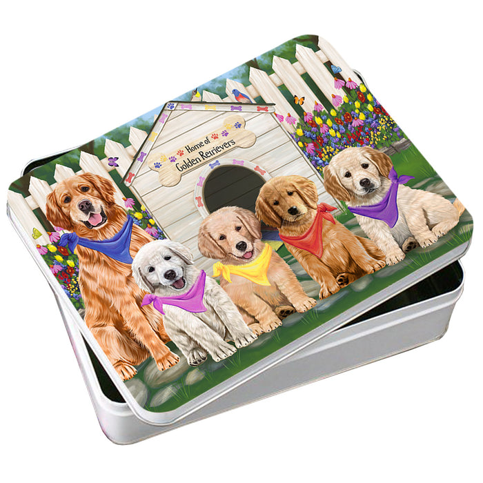 Spring Dog House Golden Retriever Dog Photo Storage Tin PITN49882