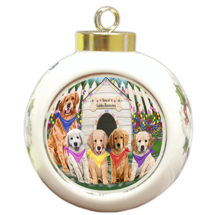 Spring Dog House Golden Retriever Dog Round Ball Christmas Ornament RBPOR49882