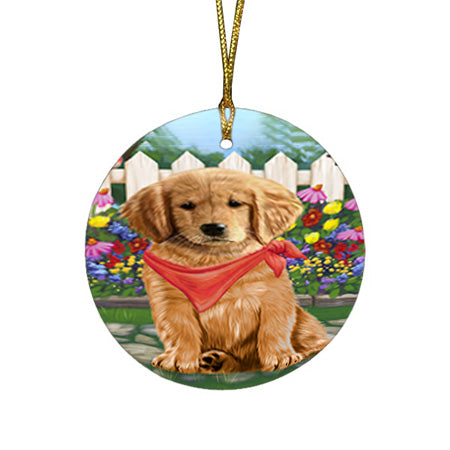 Spring Floral Golden Retriever Dog Round Flat Christmas Ornament RFPOR49874