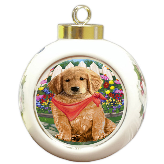 Spring Floral Golden Retriever Dog Round Ball Christmas Ornament RBPOR49883