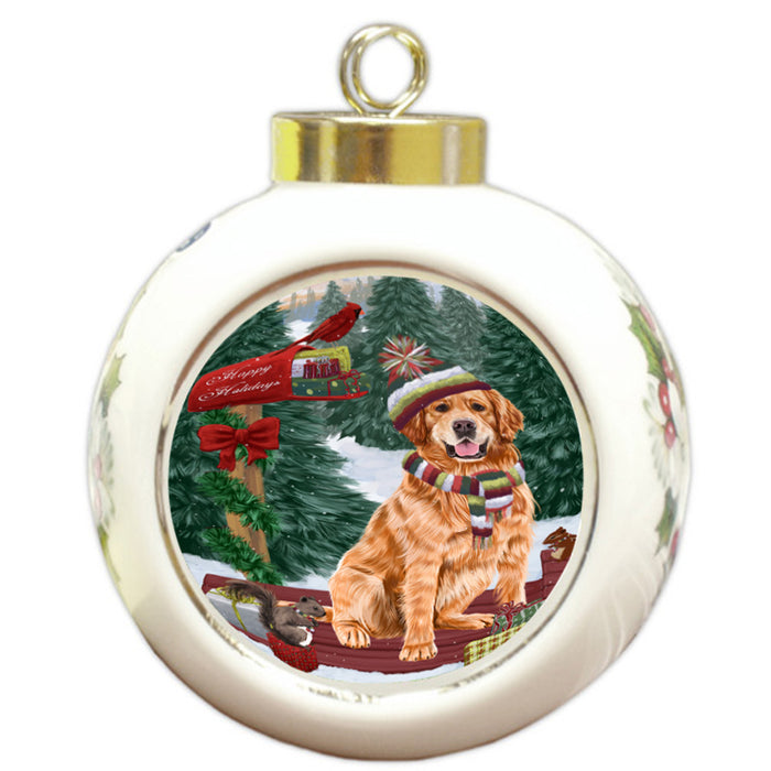 Merry Christmas Woodland Sled Golden Retriever Dog Round Ball Christmas Ornament RBPOR55289