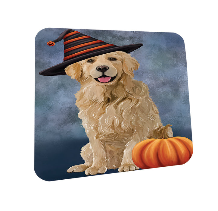 Happy Halloween Golden Retriever Dog Wearing Witch Hat with Pumpkin Coasters Set of 4 CST54914