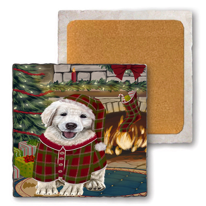 The Stocking was Hung Golden Retriever Dog Set of 4 Natural Stone Marble Tile Coasters MCST50312