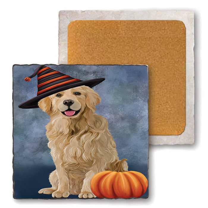 Happy Halloween Golden Retriever Dog Wearing Witch Hat with Pumpkin Set of 4 Natural Stone Marble Tile Coasters MCST49956