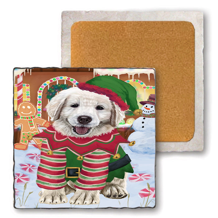 Christmas Gingerbread House Candyfest Golden Retriever Dog Set of 4 Natural Stone Marble Tile Coasters MCST51338