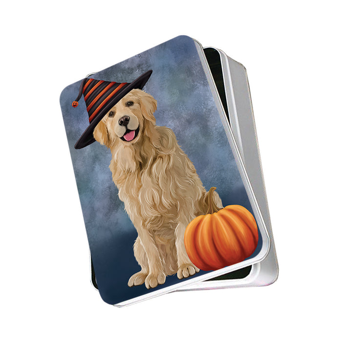 Happy Halloween Golden Retriever Dog Wearing Witch Hat with Pumpkin Photo Storage Tin PITN54899