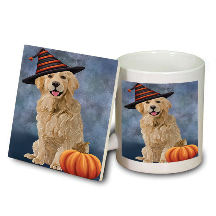 Happy Halloween Golden Retriever Dog Wearing Witch Hat with Pumpkin Mug and Coaster Set MUC54948