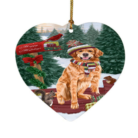 Merry Christmas Woodland Sled Golden Retriever Dog Heart Christmas Ornament HPOR55289