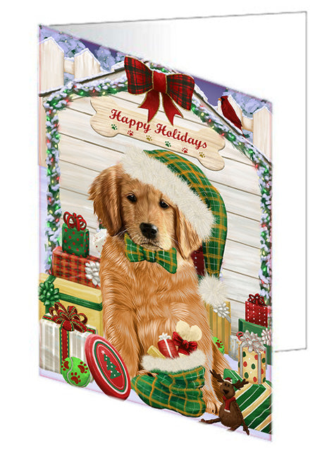 Happy Holidays Christmas Golden Retriever Dog House with Presents Handmade Artwork Assorted Pets Greeting Cards and Note Cards with Envelopes for All Occasions and Holiday Seasons GCD58289