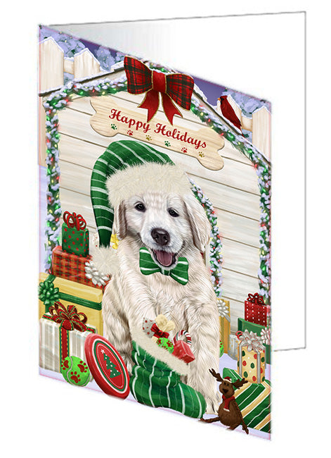 Happy Holidays Christmas Golden Retriever Dog House with Presents Handmade Artwork Assorted Pets Greeting Cards and Note Cards with Envelopes for All Occasions and Holiday Seasons GCD58292