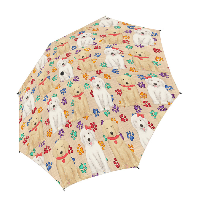 Rainbow Paw Print Golden Retriever Dogs Red Semi-Automatic Foldable Umbrella