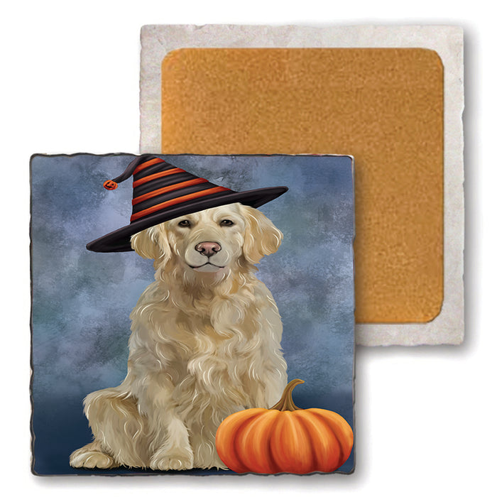 Happy Halloween Golden Retriever Dog Wearing Witch Hat with Pumpkin Set of 4 Natural Stone Marble Tile Coasters MCST49957